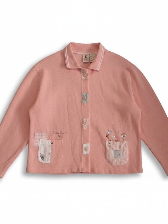Koret Sweaters - Vintage Koret Size Large Pink Spring Flowers Embroidered Cottagecore Cardigan